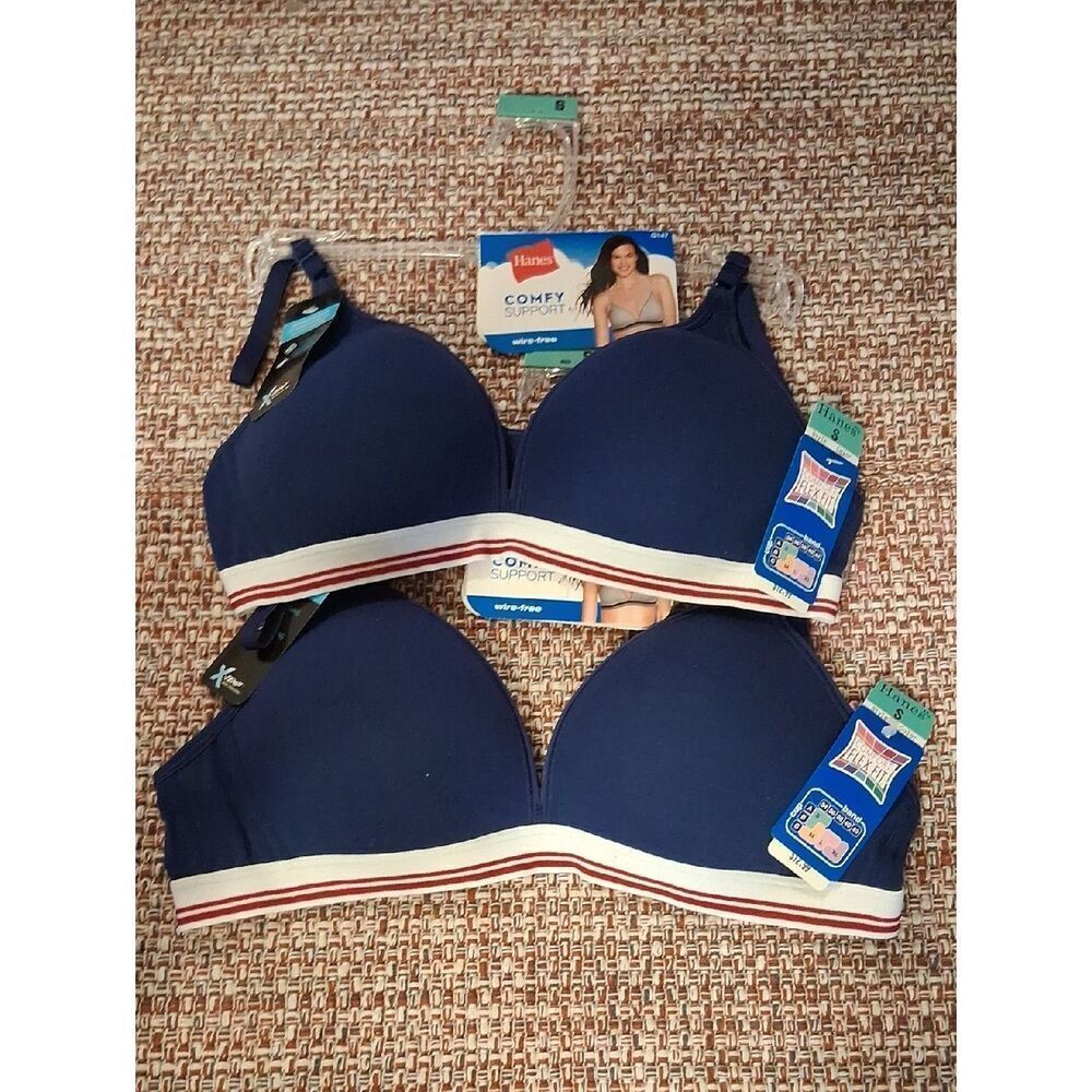 2 Small Hanes Navy Blue With White & Red Band Bras. Both Are New With Tags